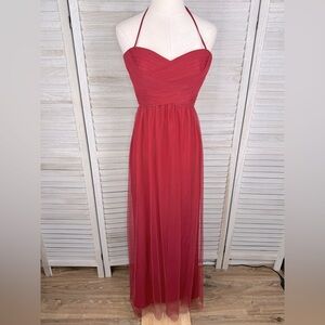 AMSALE "Tara" Halter Strap Tulle Formal Dress/Gown with Ruched Bodice Crimson-0